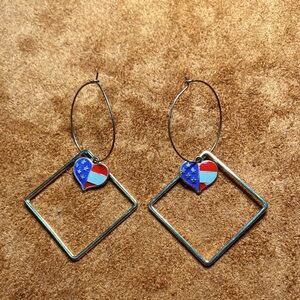 Patriotic Earrings - Diamond Shape with American Flag Theme Heart